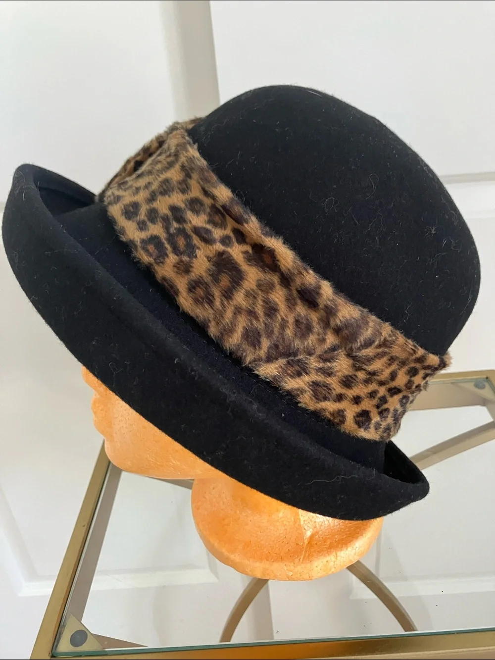 ADORA Black Wool Hat with Leopard Fur Band